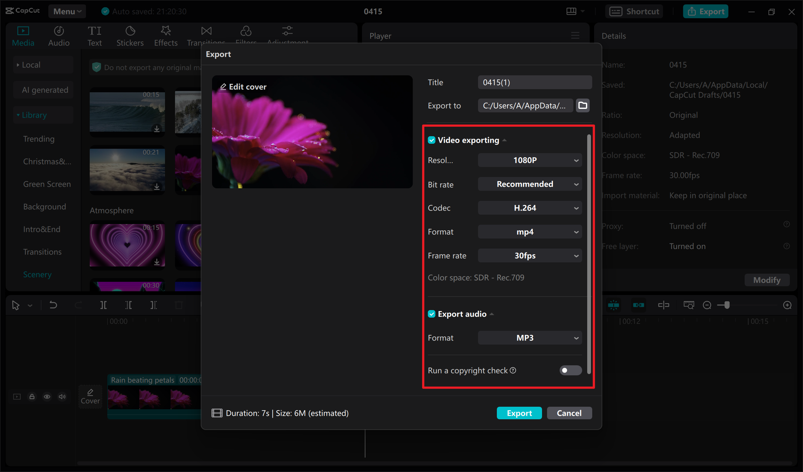 Export settings