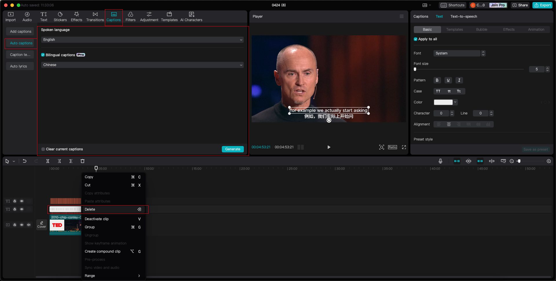 caption feature on CapCut