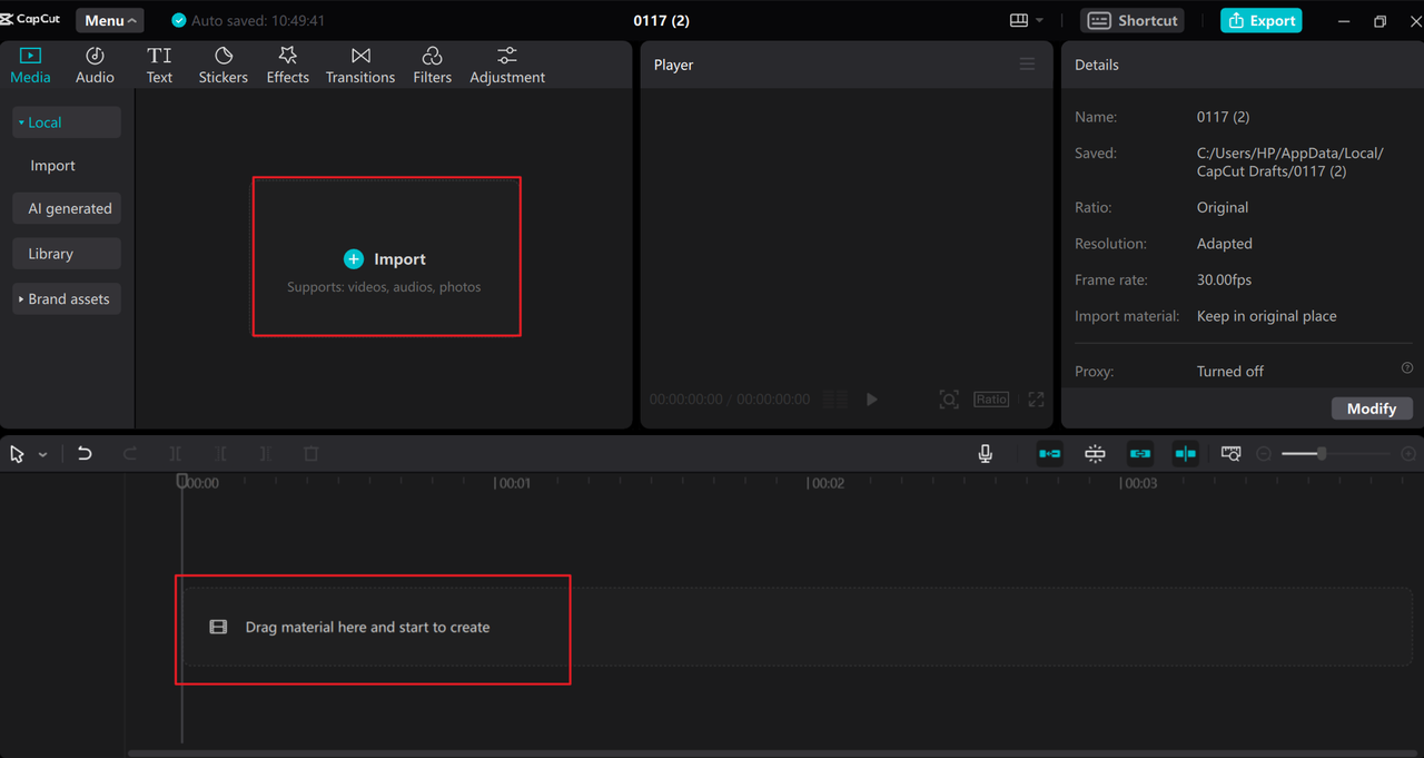 Upload media to the CapCut desktop normalizer MP3 tool