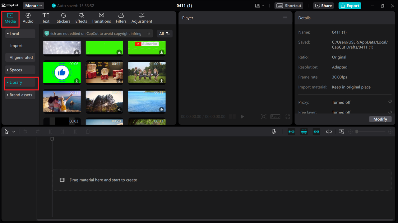 CapCut desktop video library