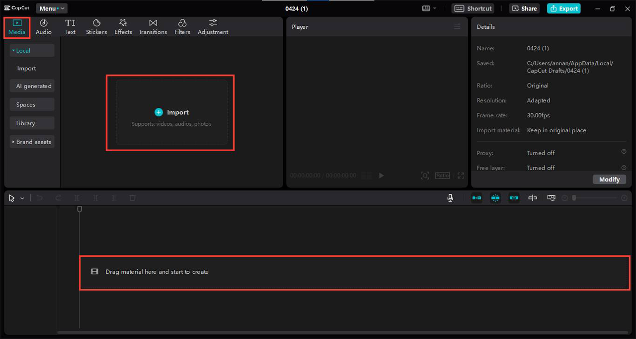Import new video for translation in CapCut PC app