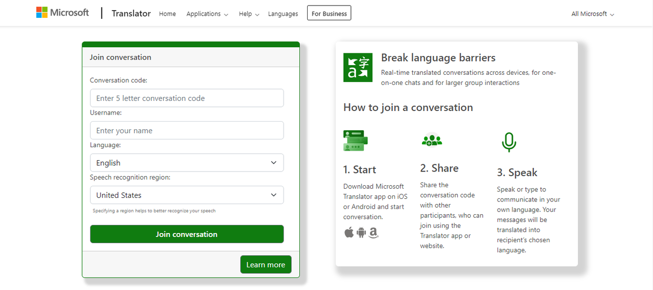 Screenshot of Microsoft Translator online web interface