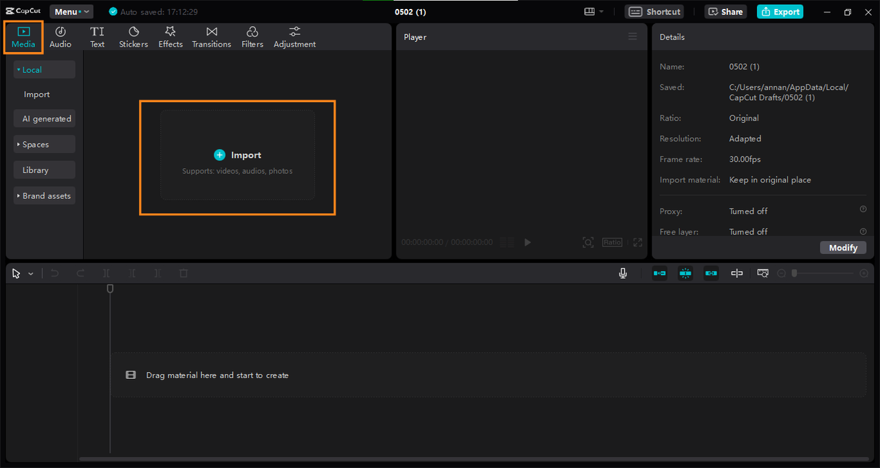 Import media for creating youtube clip in CapCut editor