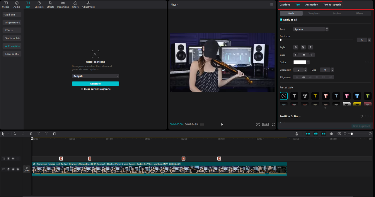 Editing subtitles on CapCut PC, the best Google Bangla translate software