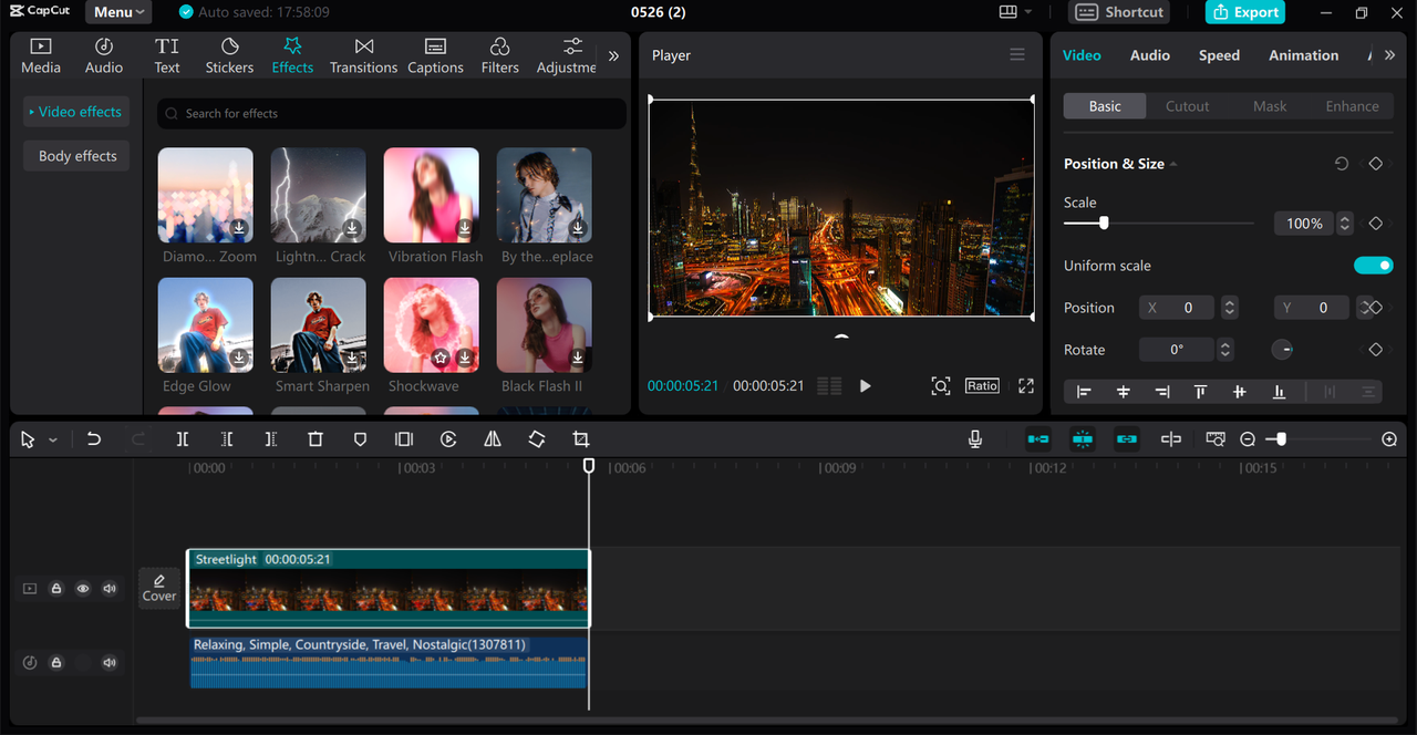 Video, audio, and image editing interface of CapCut desktop video editor