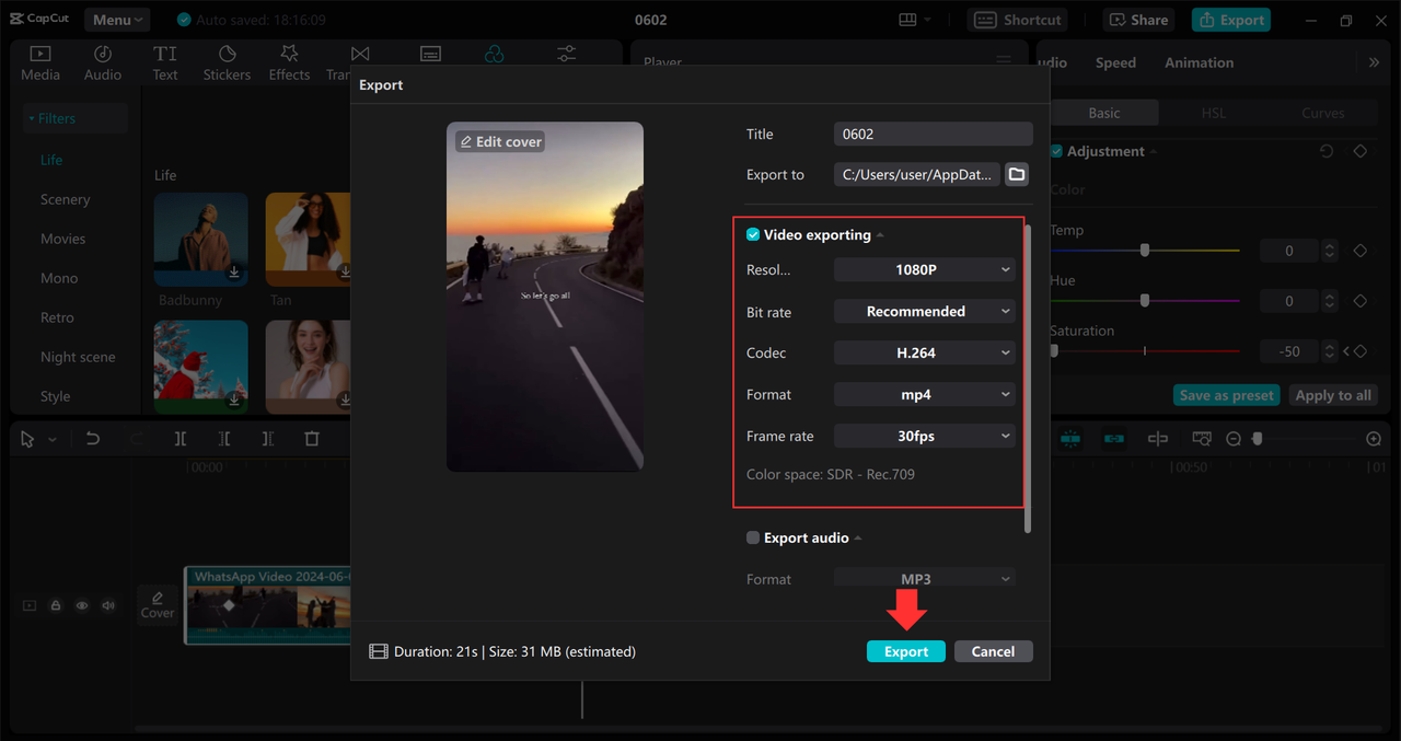 Image showing the "Export" options on CapCut