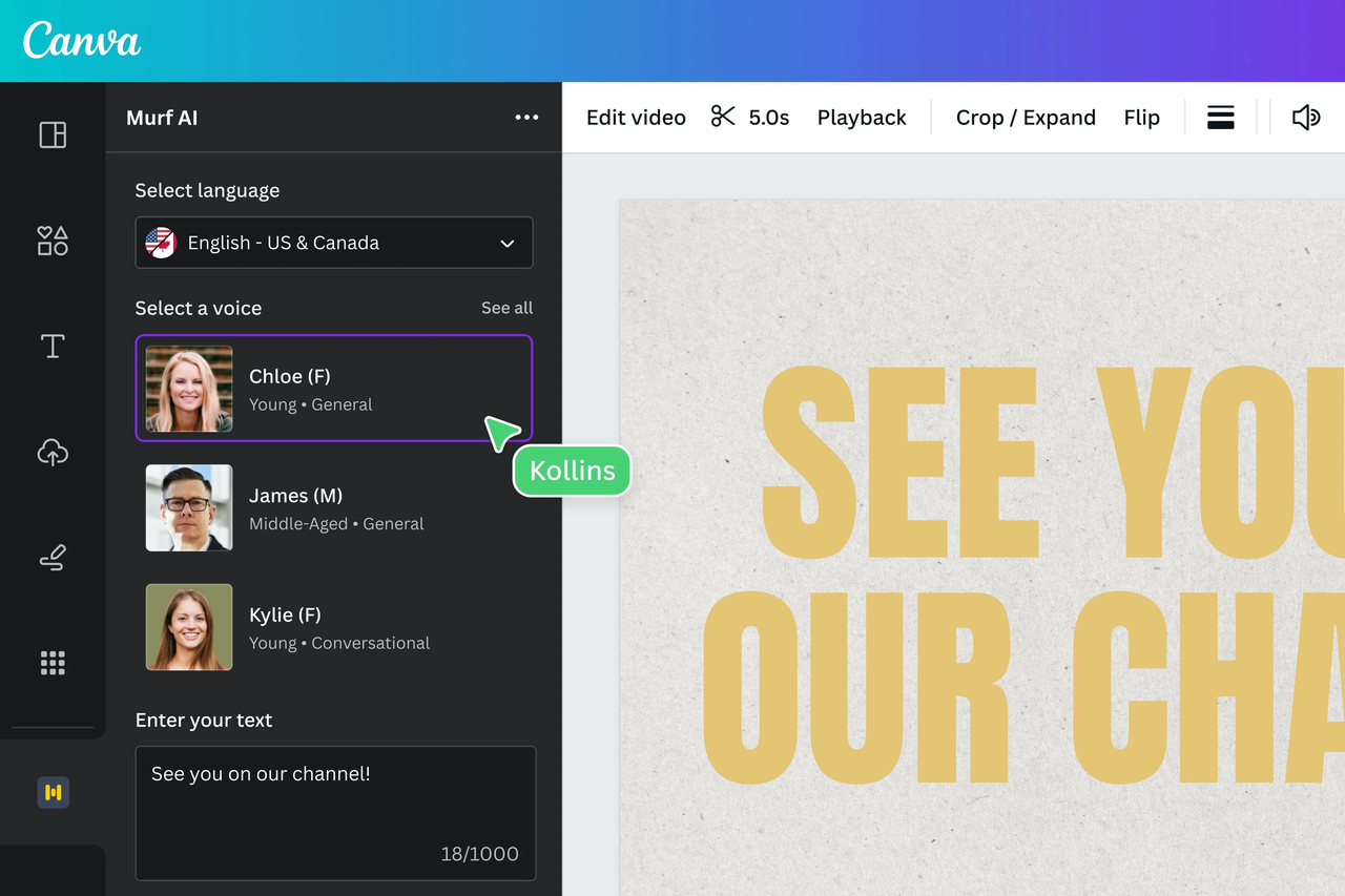Generating audio using Canva - well known free AI voice generator