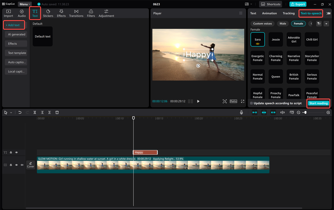 Converting text into speech to generate AI voice using the CapCut desktop video editor