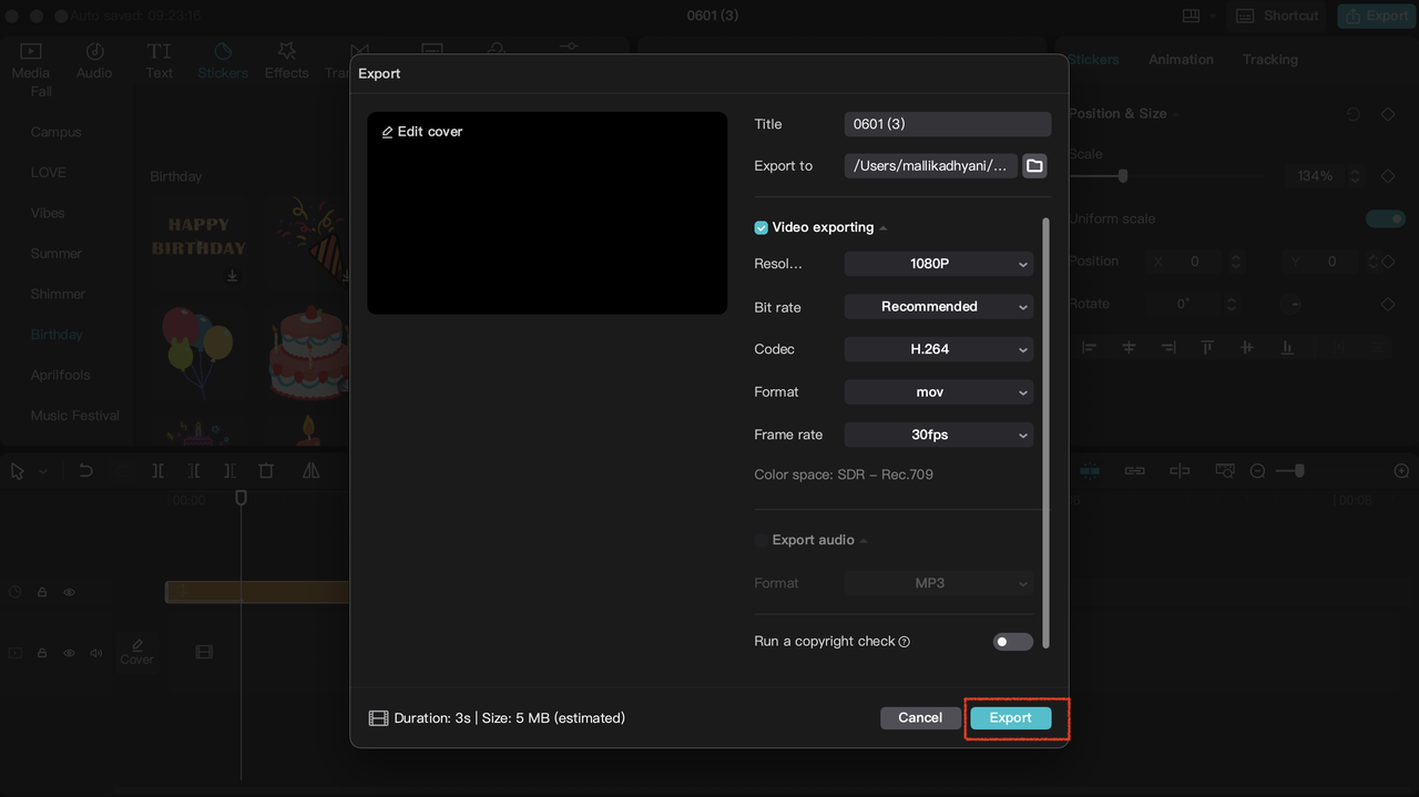 Export your video with hand lettering in CapCut