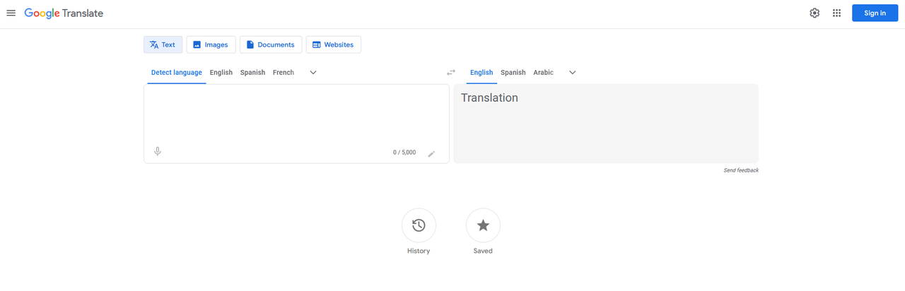 Google Translate main interface