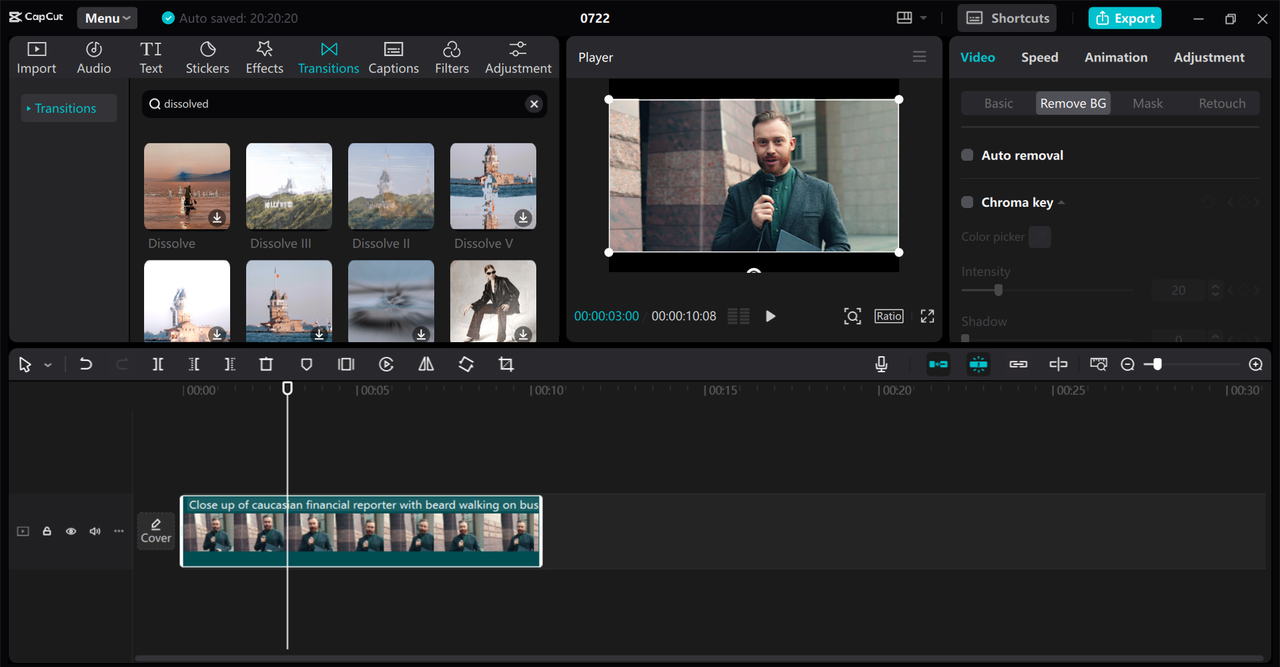 Editing interface of the CapCut desktop video editor - a perfect tool to remove the background of the video