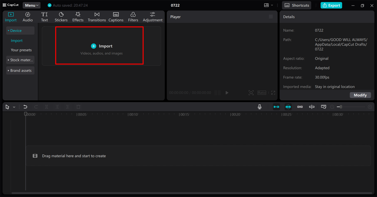 Importing video to remove video background in the CapCut desktop video editor