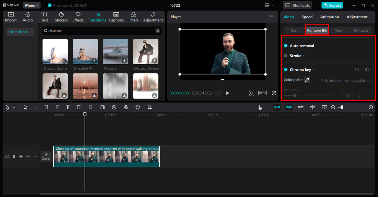 Removing the background of the video in the CapCut desktop video editor