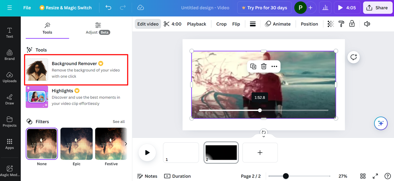 Interface of Canva - an accessible online tool to remove the background of the video