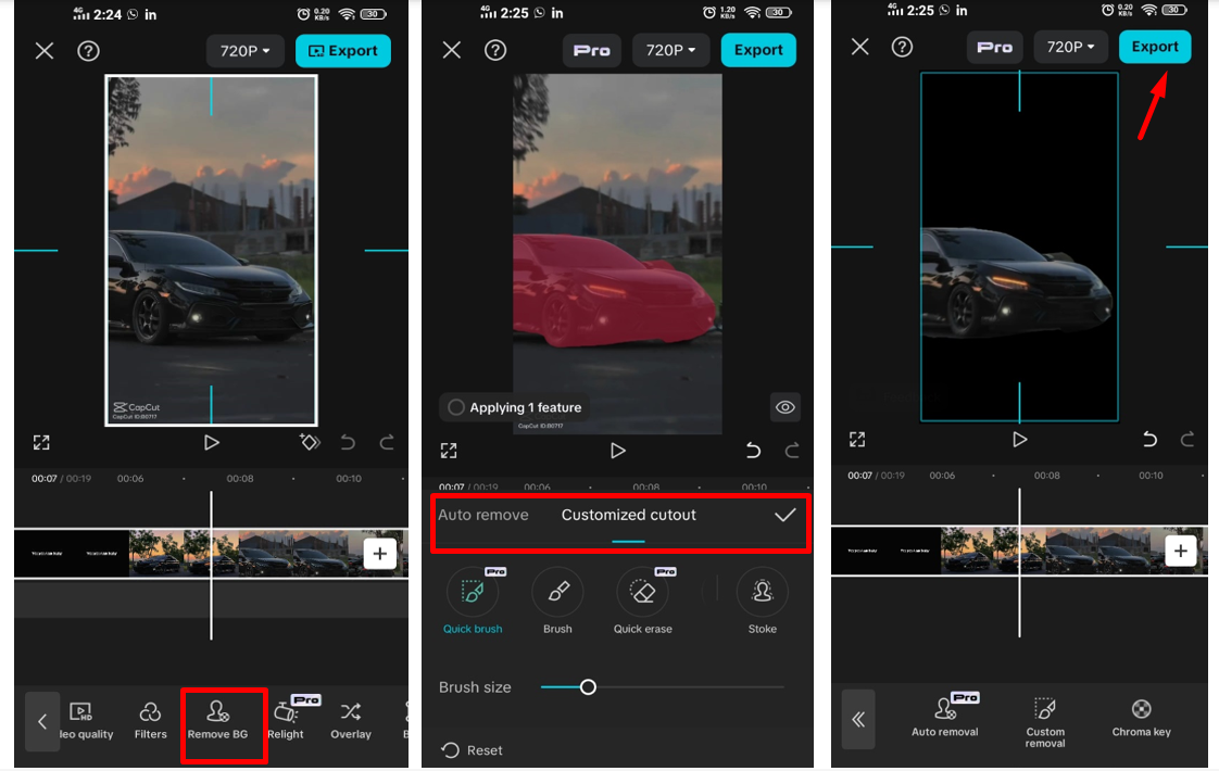 Removing the background from the video using the CapCut mobile app