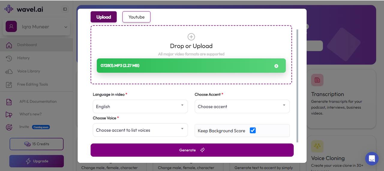 Interface of Wavel.ai - a popular tool to change voice accents for audio projects 