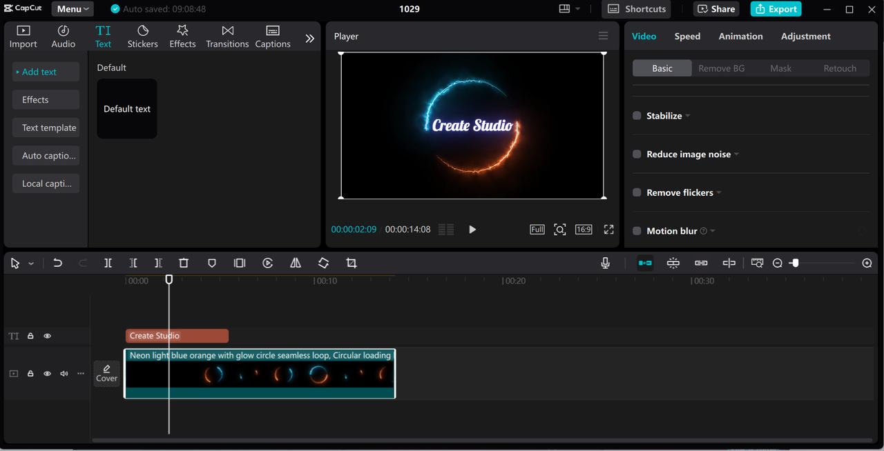 Editing interface of CapCut desktop video editor - a perfect choice to create glowing text