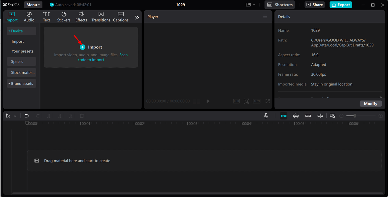 Uploading media in the CapCut desktop video editor