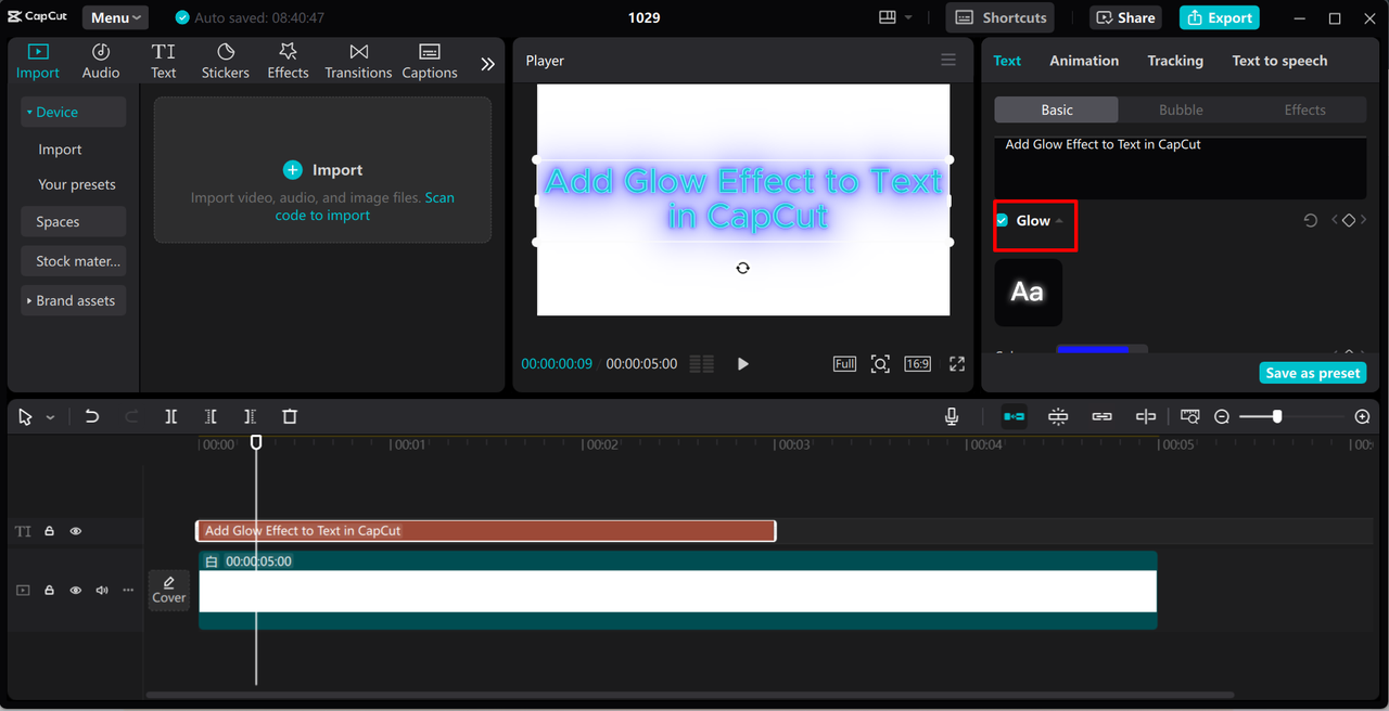 Applying and modifying the text glow effect in the CapCut desktop video editor