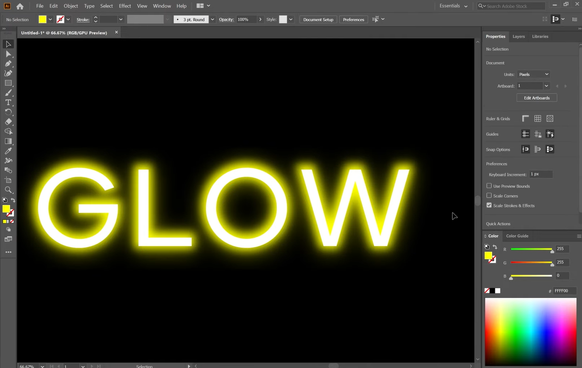 Interface of Adobe Illustrator showing fonts that glow