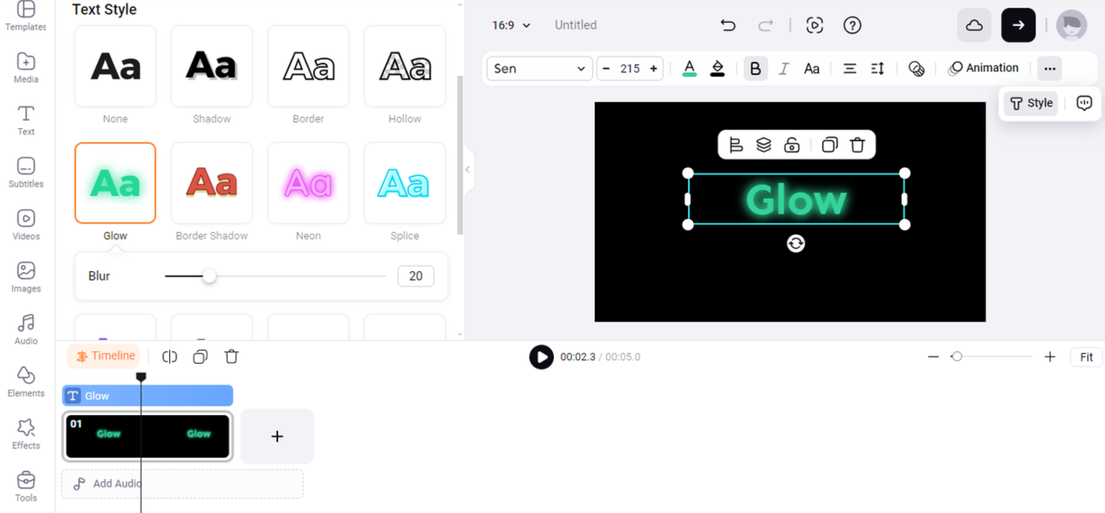 Interface of FlexClip showing glow effect text