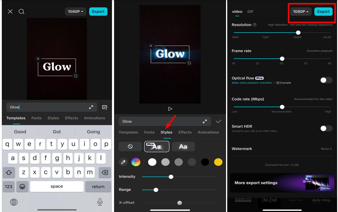 Interface showing how to make letters glow in CapCut mobile app