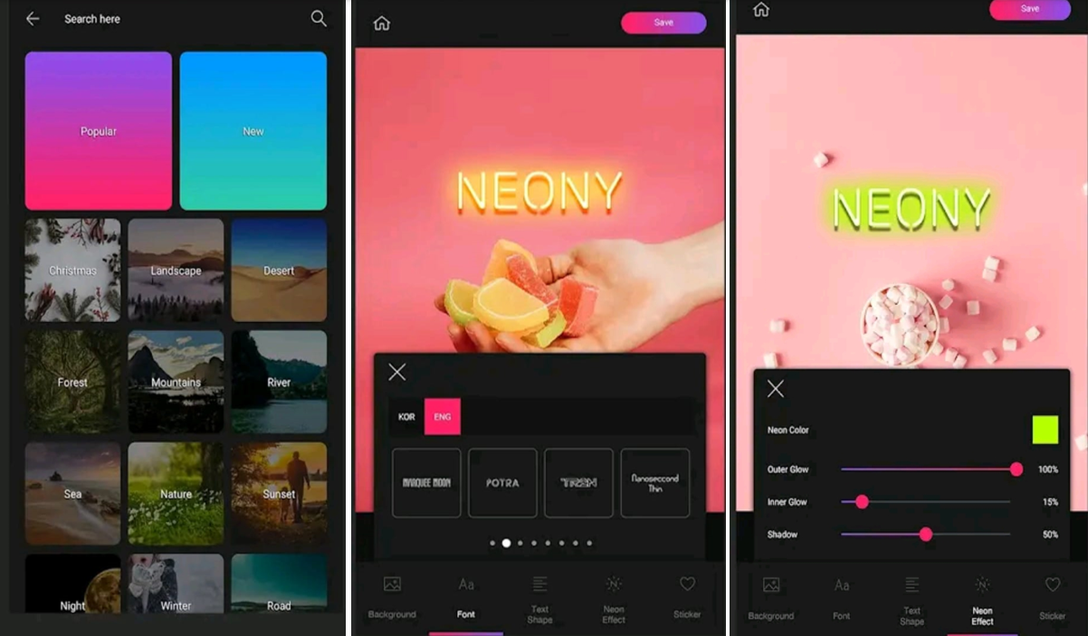 Interface showing how to make glow letters font in Neony mobile app