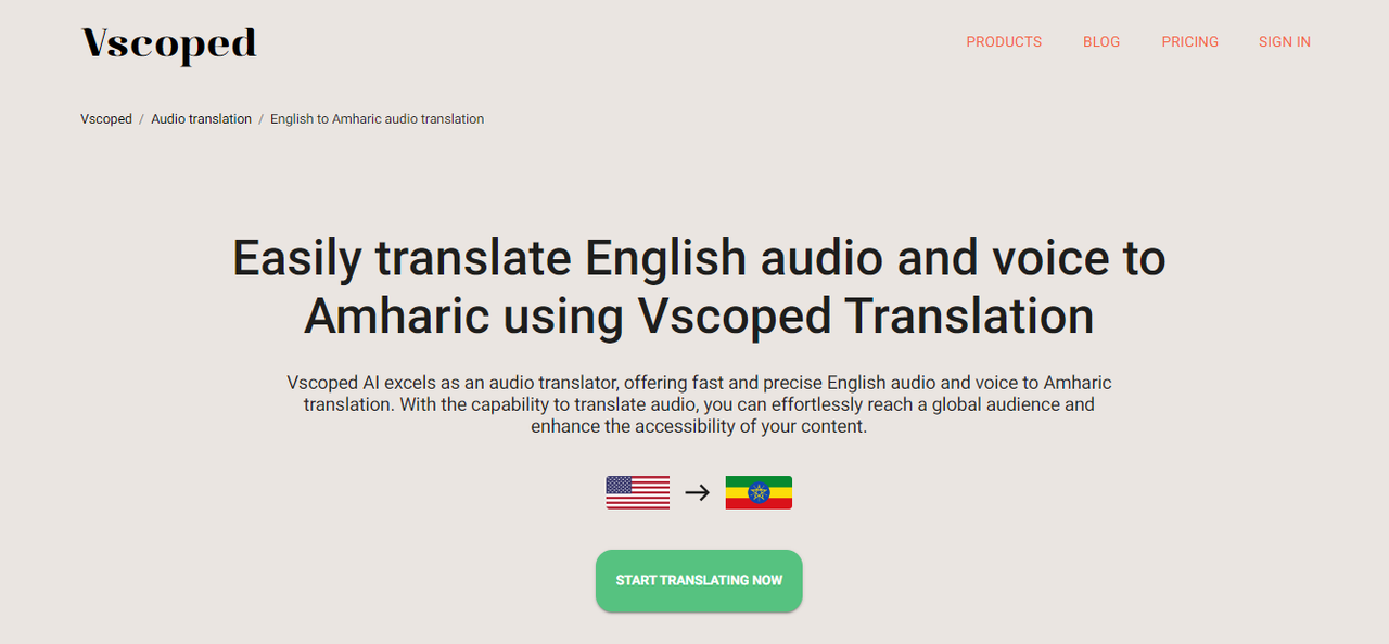 Interface of Vscoped - a popular platform for English to Amharic translation with sound