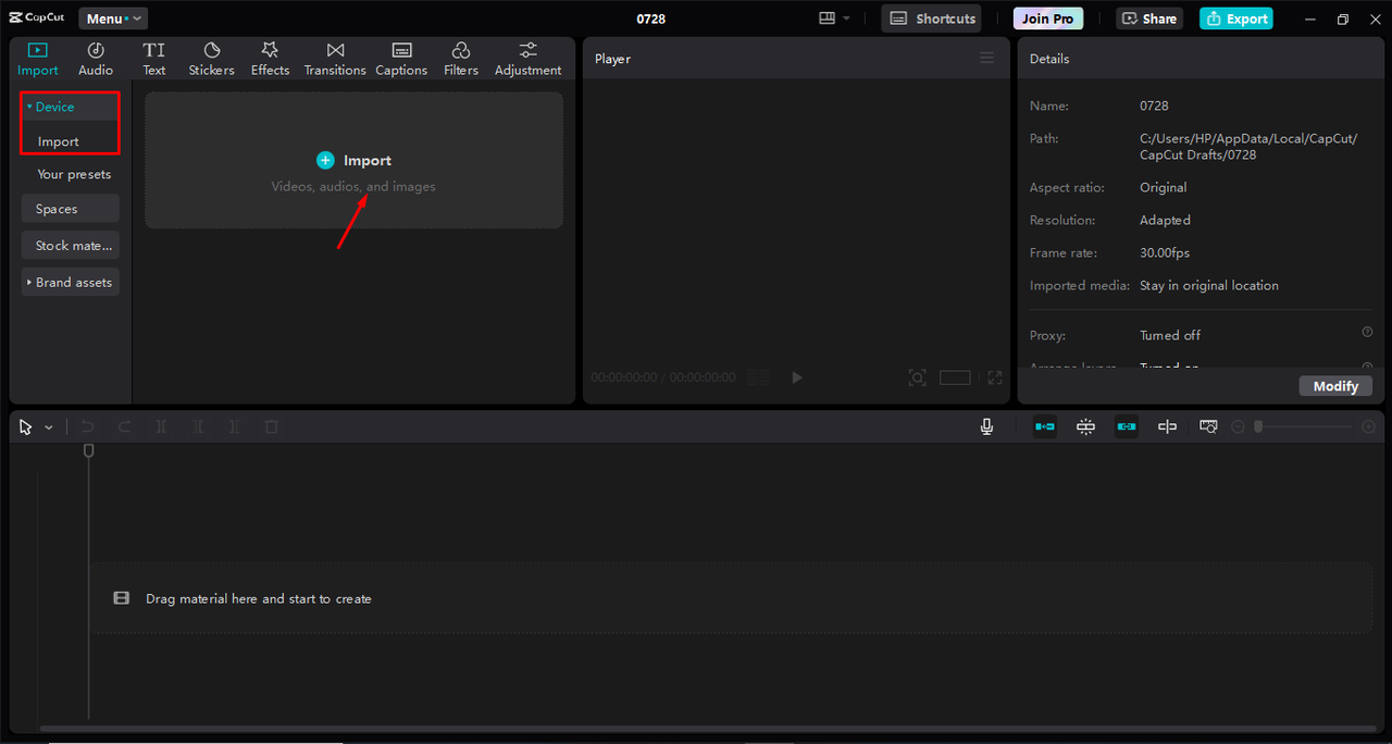Importing video in the CapCut desktop video editor