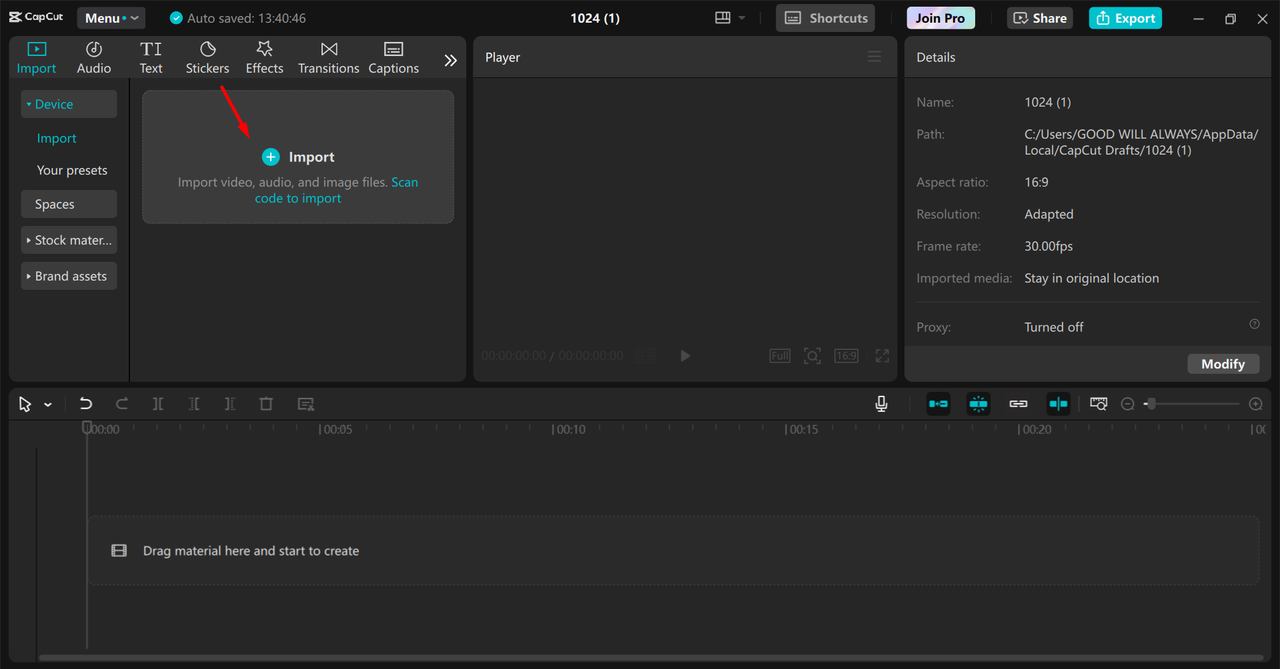 Importing media in the CapCut desktop video editor