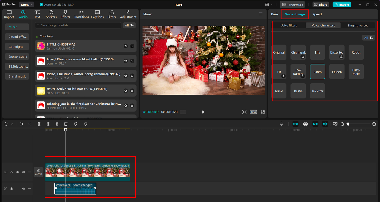 Showing interface of CapCut applying voice changing effect