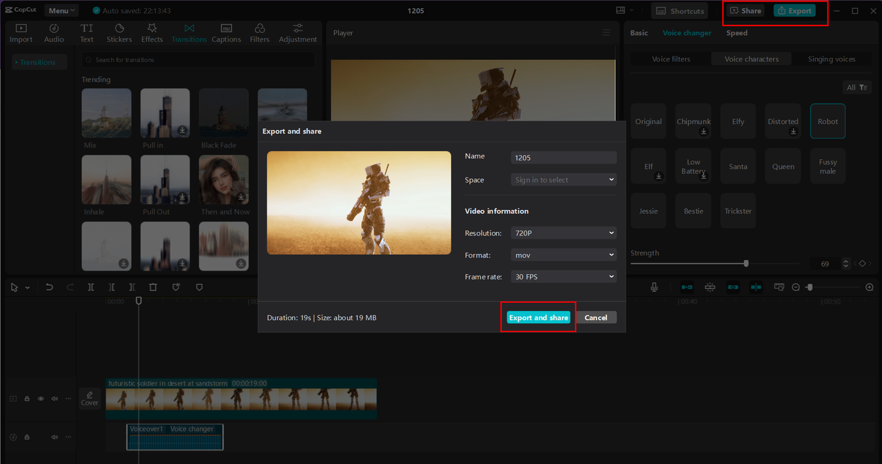 Exporting or sharing the video with voice changed from CapCut