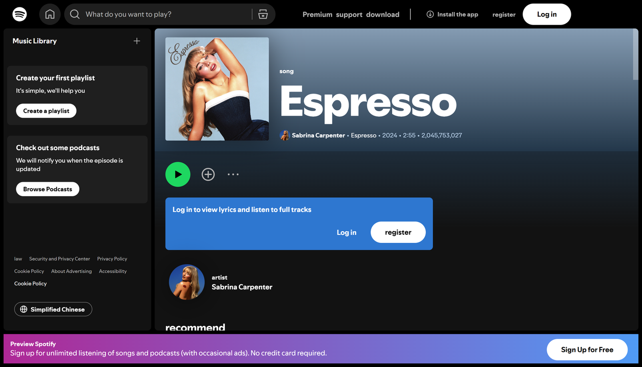 Cover of Espresso – a popular track that hit a billion streams on Spotify