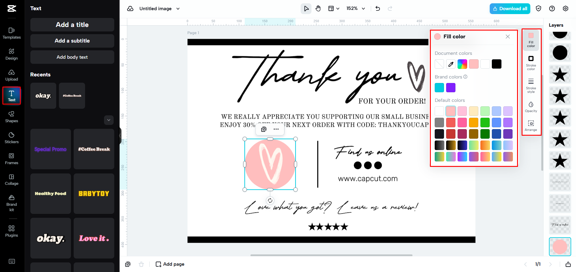 Adding text and images to the business card in CapCut Web