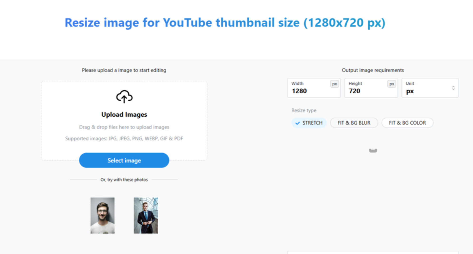 Interface of imResizer - a user-friendly YouTube thumbnail resizer