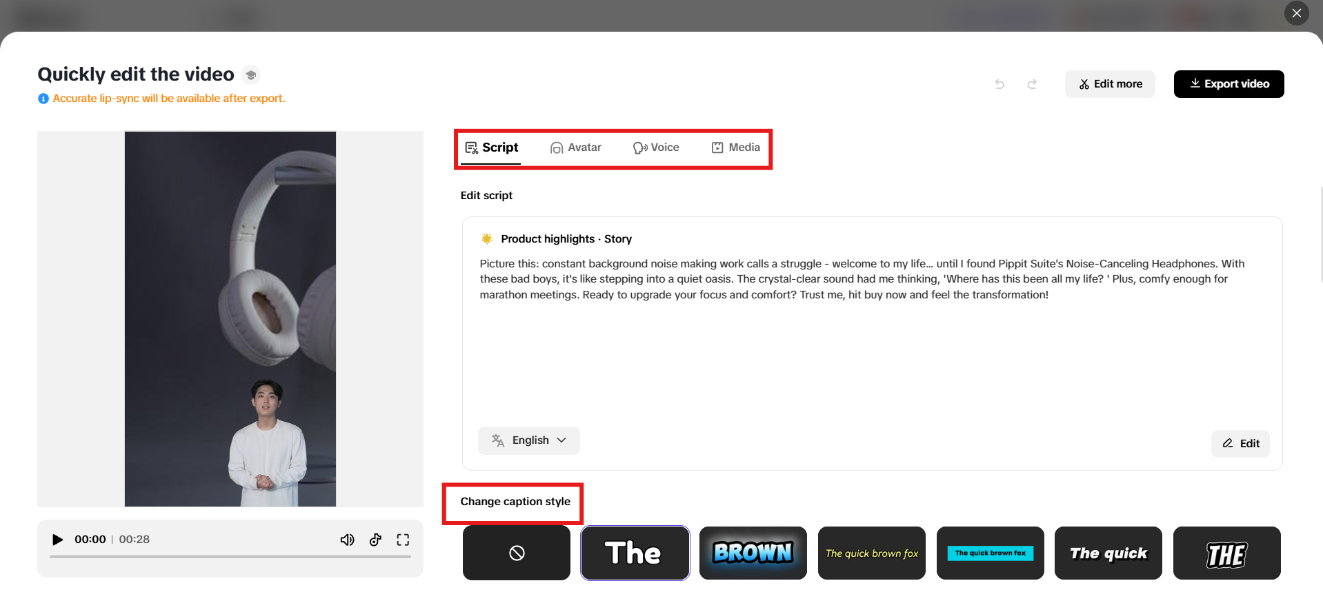 Modify script, avatar, text, media