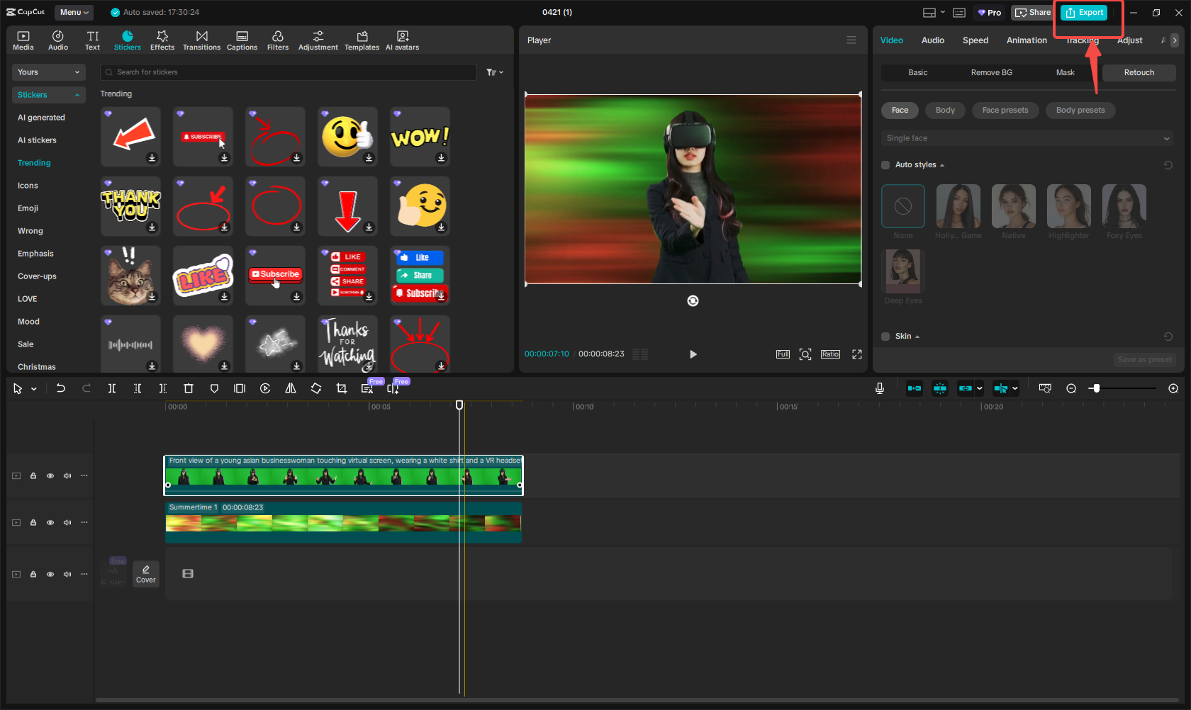 Exporting the video in CapCut