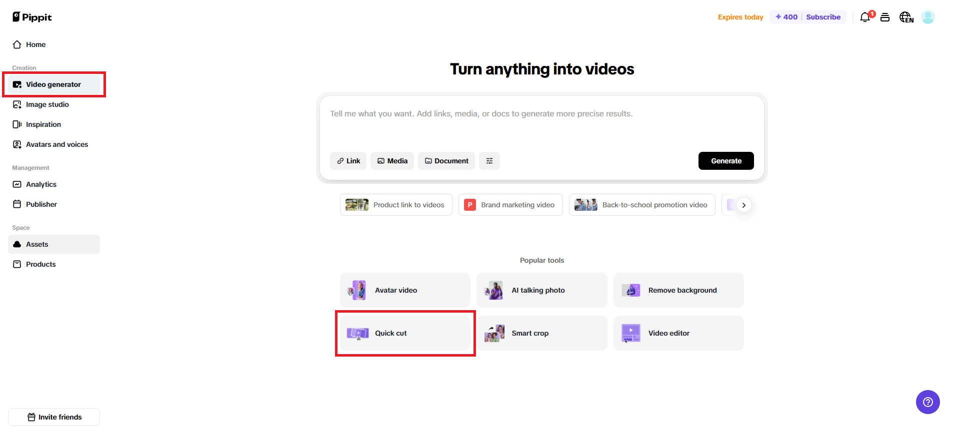 Select the quick cut feature