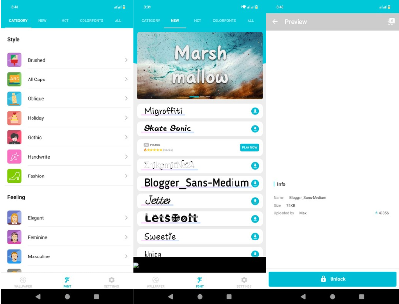 Interfaccia di HiFont - un'app utile per ottenere il carattere Palatino sul cellulare