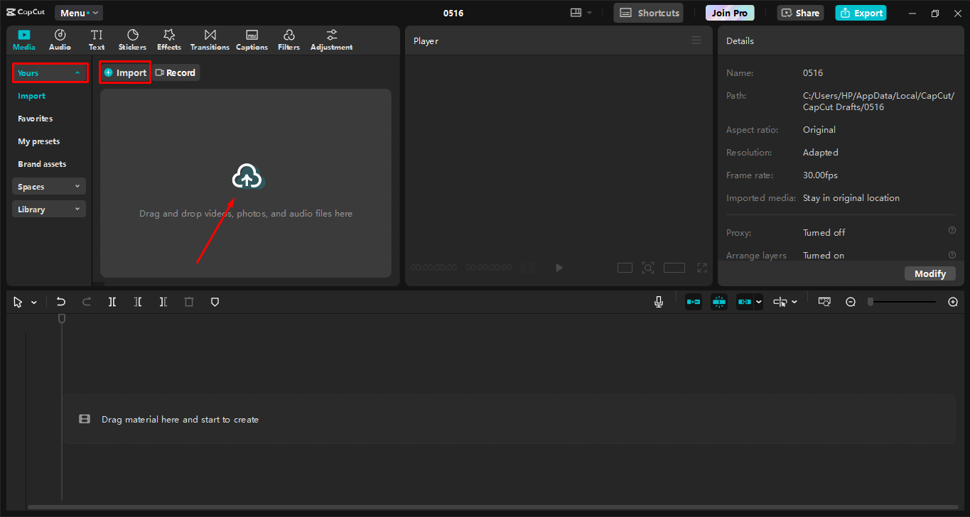 Uploading the image to the CapCut desktop video editor