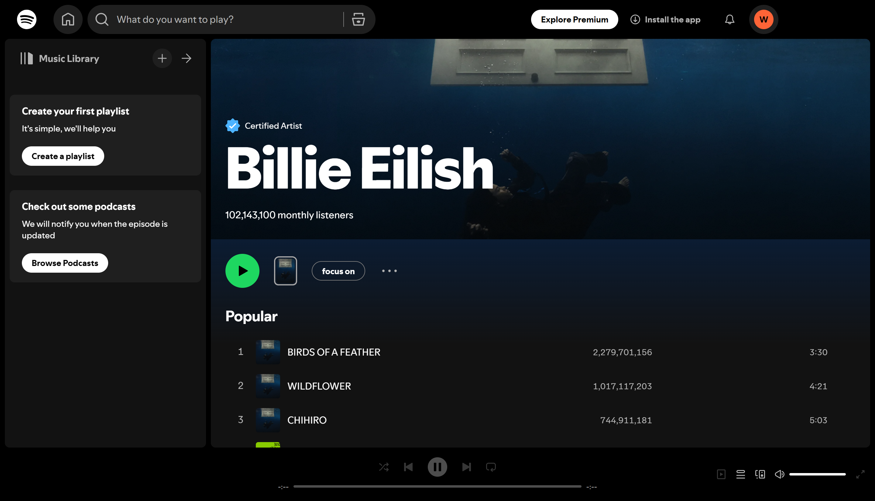 Billie Eilish - salah seorang artis wanita yang paling banyak distrim di Spotify