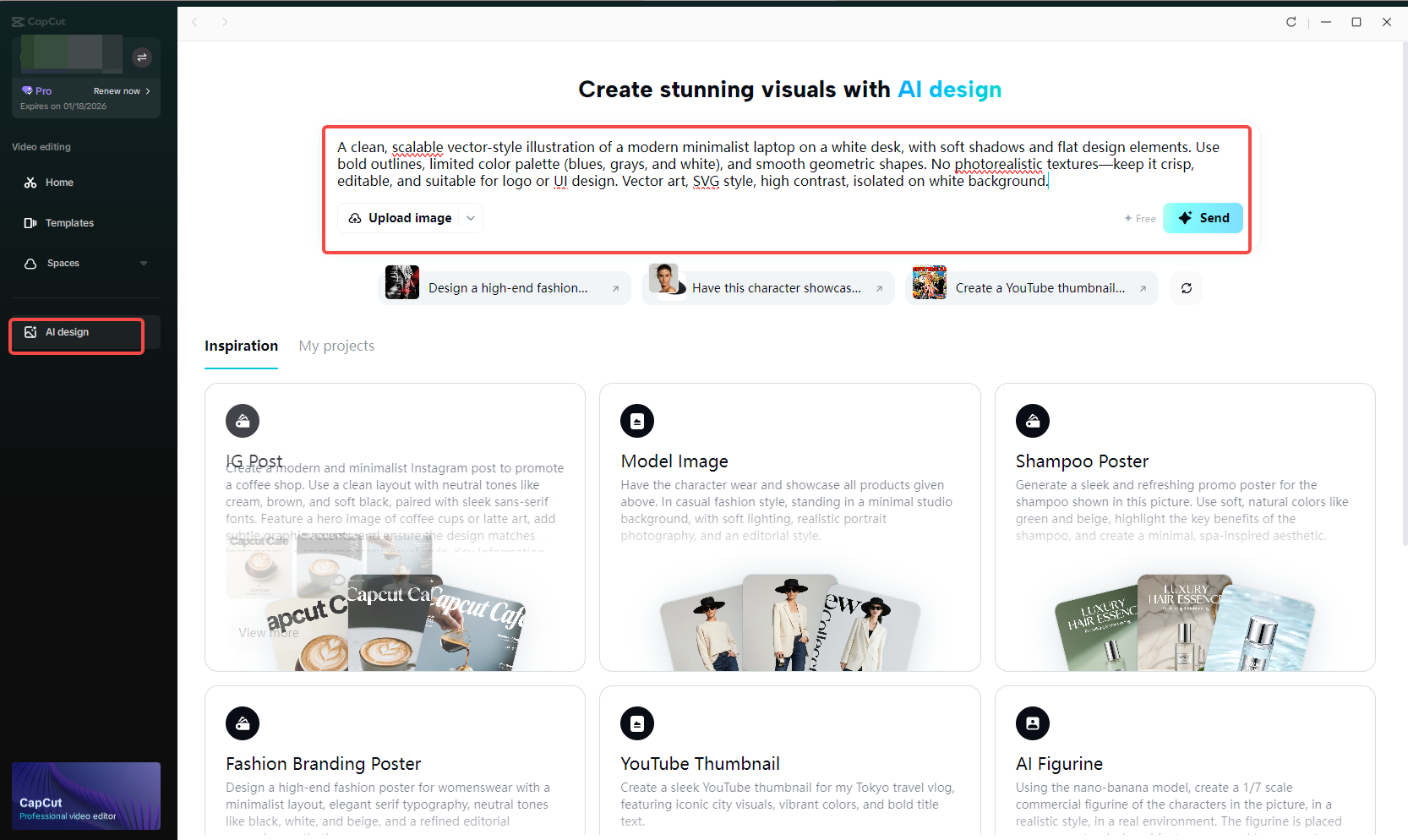 Enter a text prompt to CapCut's AI design tool