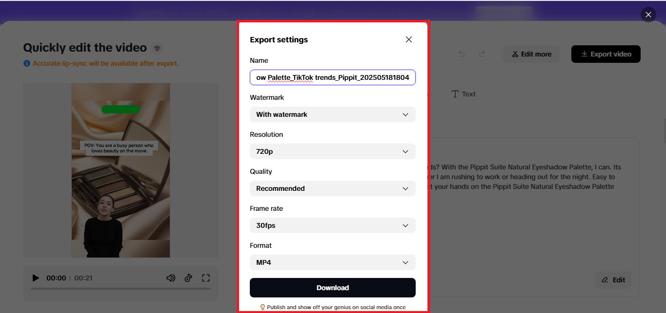 Export settings in Pippit's Quick editor