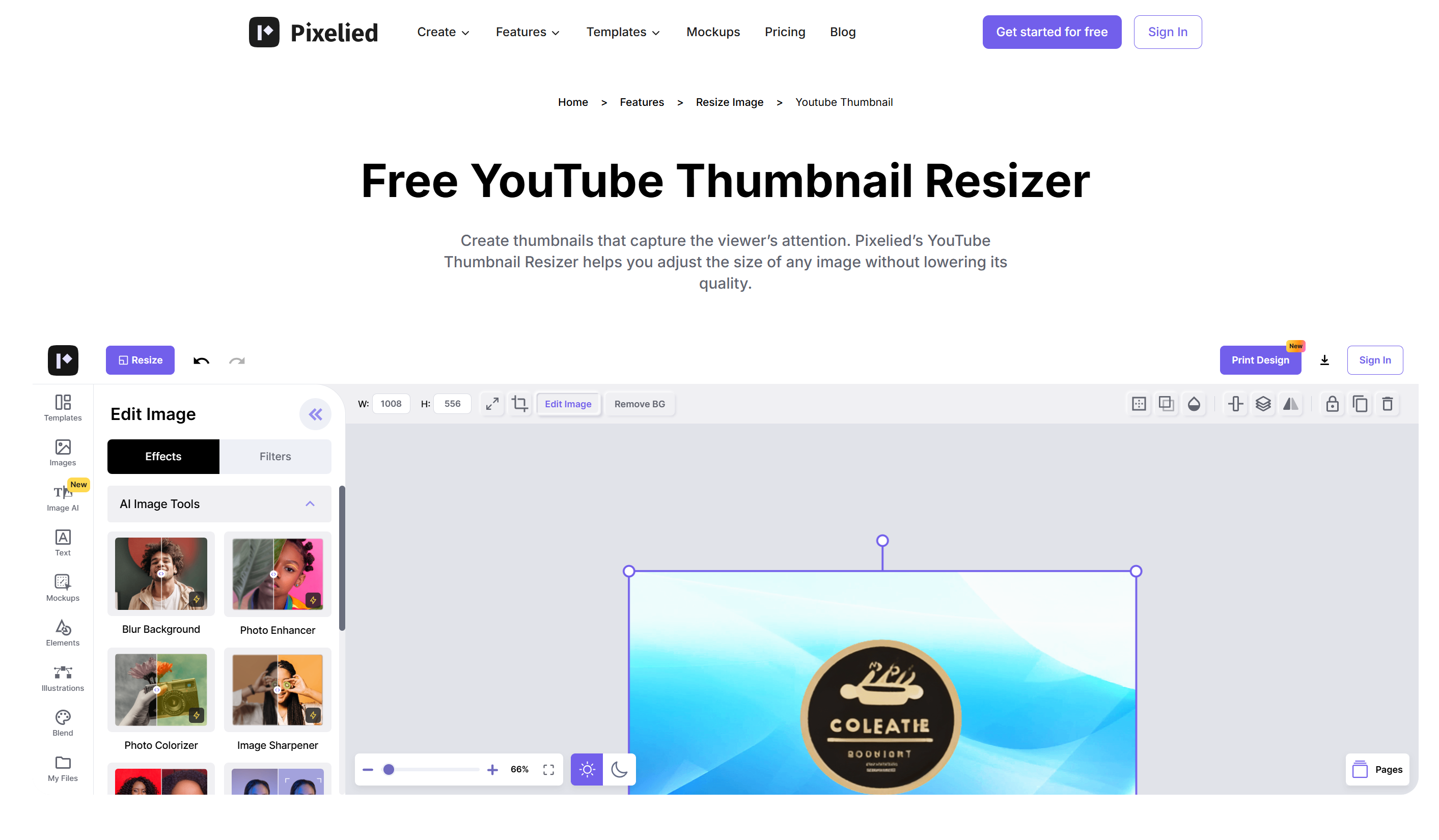 Interface of Pixelied - the most liked YouTube thumbnail resizer