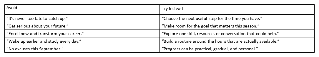 Table comparing avoid phrases with more supportive alternatives for adult learners