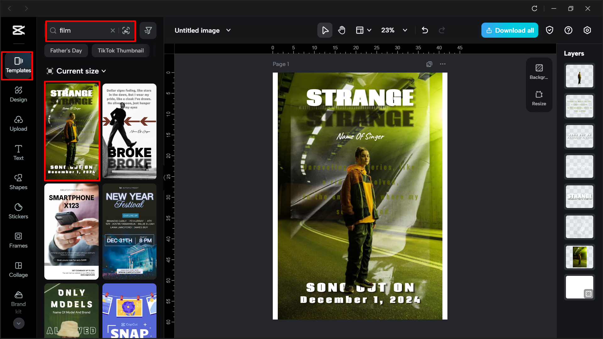 Searching for film poster templates in the CapCut desktop video editor