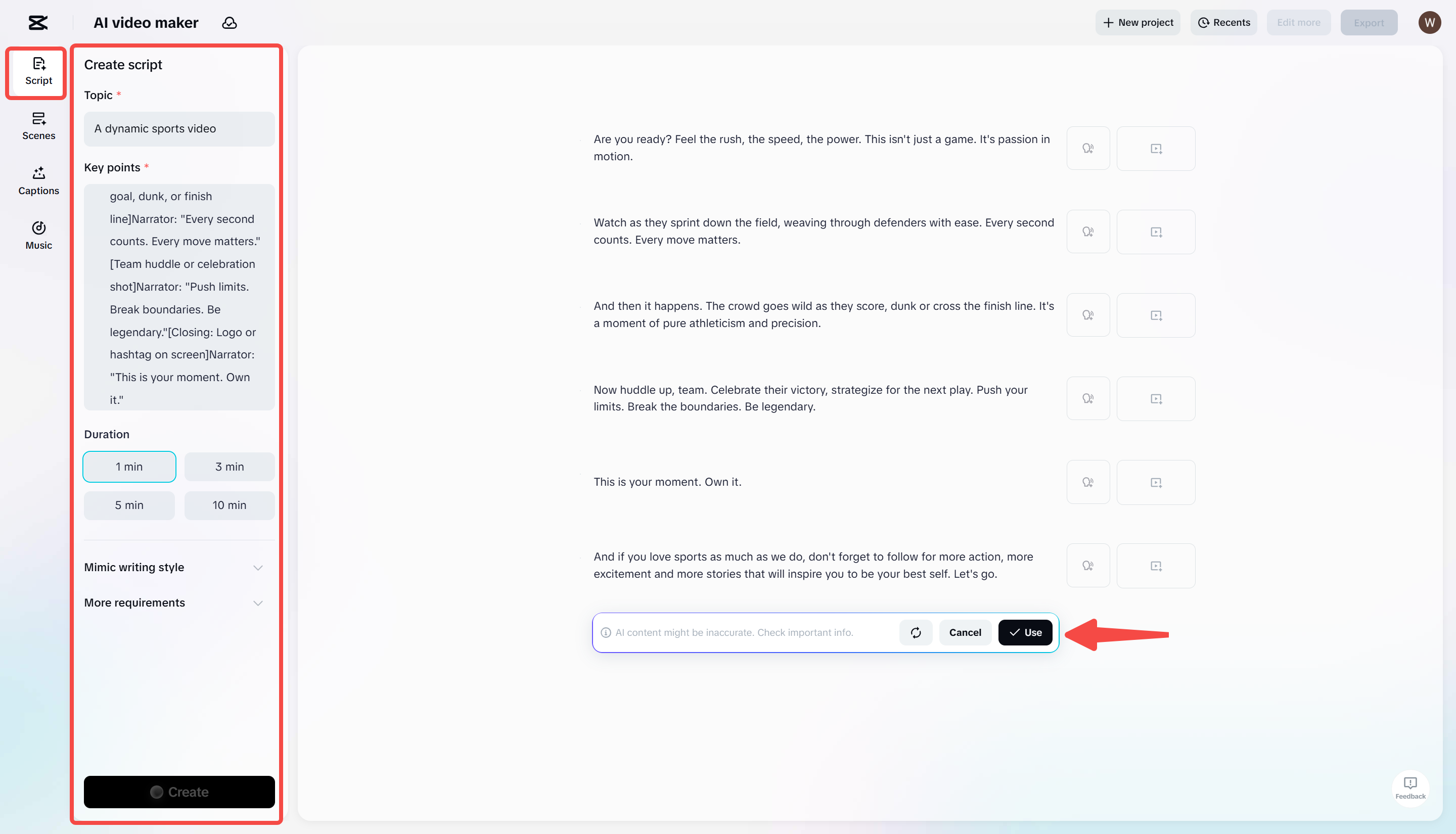 Generating a script in CapCut's AI video maker