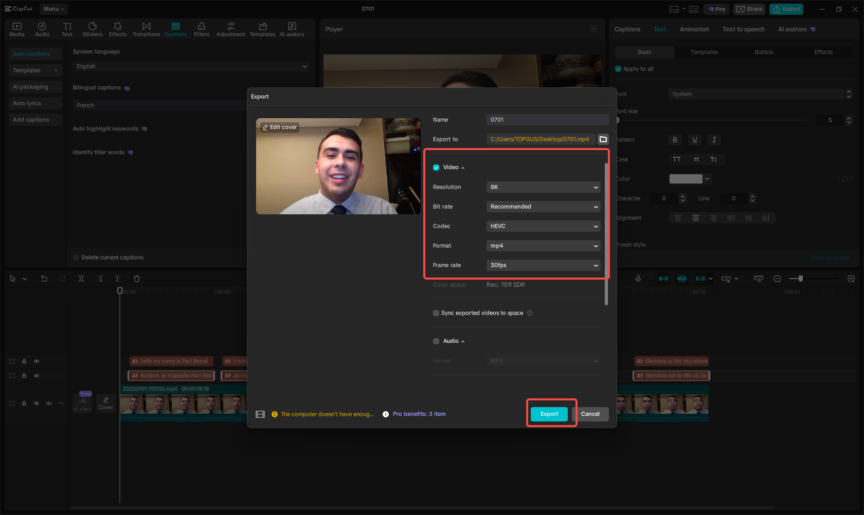 Export the translated video