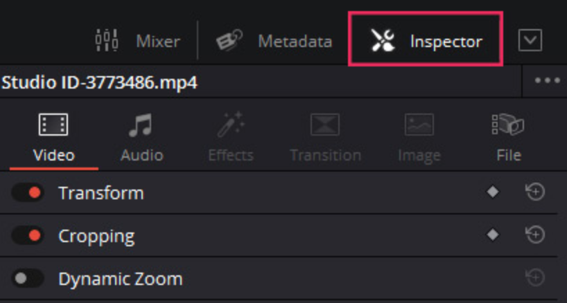 Ouverture du menu Inspecteur pour créer un effet de zoom dans DaVinci Resolve