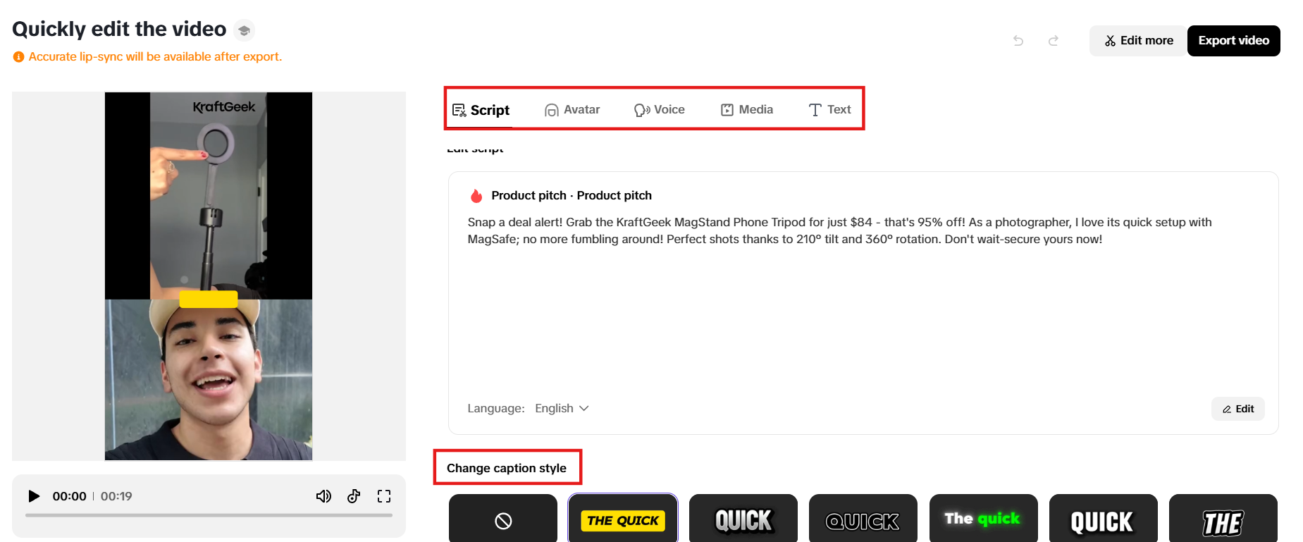 Modify script, avatar, voice, media and text